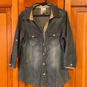 Japna Kids Jean Shirt W/Floral Trim Roll Up Tab Sleeves Size 8